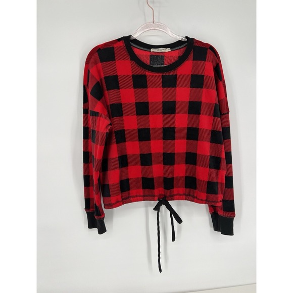 Chance Or Fate Sweater Women Sz L Red Plaid Fleece Polyester Pullover Tie Pull - Picture 1 of 10